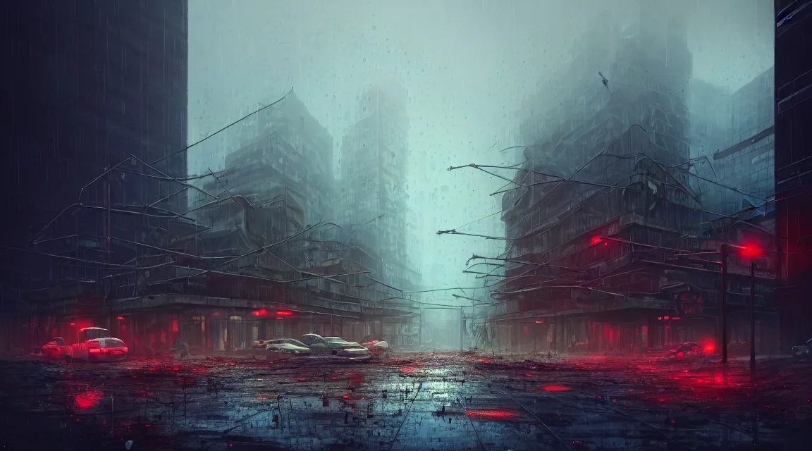 Image similar to post - apocalyptic city building, raining, building, avenue, modern contemporary urban americana concrete architecture, paved roads, by neil blevins trending on artstation, photorealistic, neon ambiance, ultra - detailed, high definition, depth of field, bokeh, wild vegetation, blood stains, crumbling, post - apocalyptic warriors