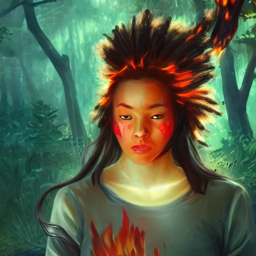 Image similar to magical astonishing dark forest is protected by an indigenous girl with a red-sleeved T-shirt using jeans, her hair glows on fire as she protects the forest with her fire powers, and her eyes are pure fire. trending on artstation, splash art hyper-detailed, 4K