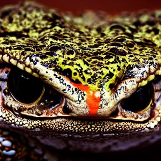 Image similar to deep camouflage angry toad evil eyes poking out eyes from under the water ultra sharp blur background simple background deep brown orange staring into camera poster art