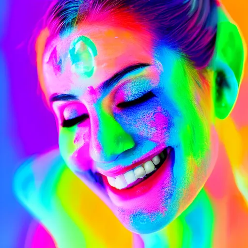 Image similar to a photo of a female smiling, painted her body with ultraviolet paint, 5 0 mm lens, f 1. 4, sharp focus, ethereal, emotionally evoking, head in focus, volumetric lighting, 8 k