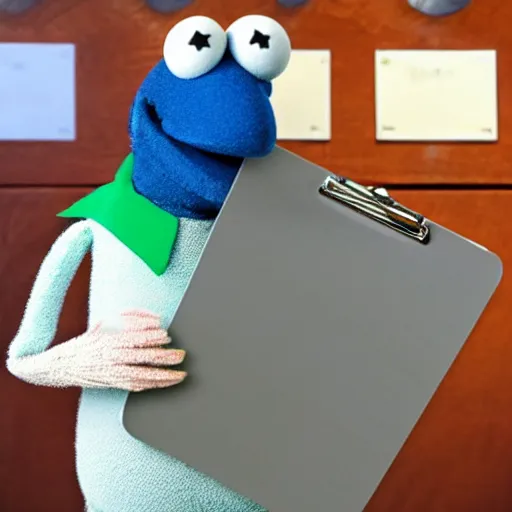 Prompt: skeeter the Muppet holding a clipboard