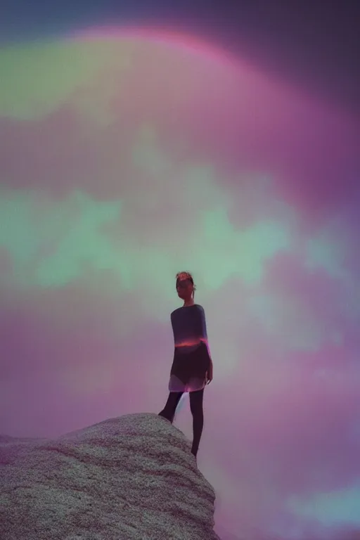 Image similar to high quality pastel coloured film close up wide angle photograph of a model wearing clothing resting on cloud furniture in a icelandic black rock!! environment in a partially haze filled dreamstate world. three point light, rainbow. photographic production. art directed. pastel colours. volumetric clouds. pastel gradient overlay. waves glitch artefacts. extreme facial clarity. 8 k. filmic.