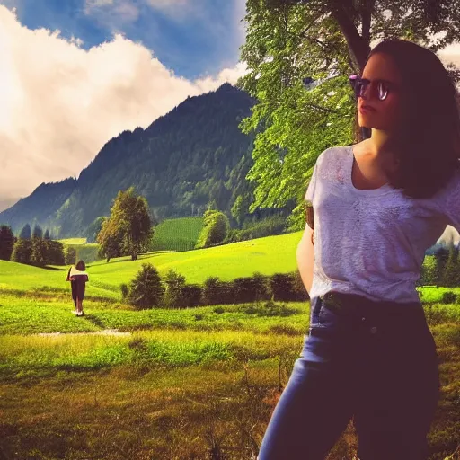 Image similar to a beautiful photograph of a girl with switzerland landscape in the background with trees, hdr, 8 k, high quality, sharp focus, artstation, highly detailed, award - winning, dramatic lighting, beautiful clouds, and nature