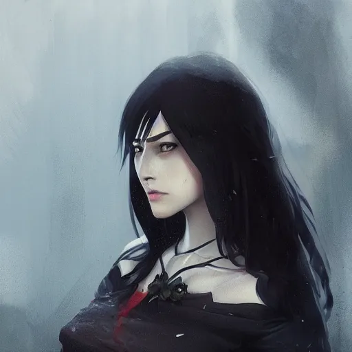 Image similar to female human vampire witch in the style of greg rutkowski, makoto shinkai, trending on artstation, character design, concept art, pretty face, highly detailed, long black hair, portrait, digital art