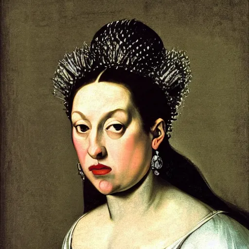 Prompt: frontal portrait of the queen of the avocado empire, by caravaggio