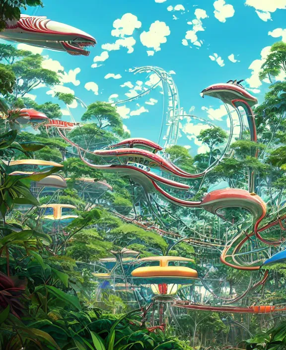 Image similar to simplicity, elegance, an amusement park made out of predatory organic creatures, in the style of a streamlined asymmetrical spaceship, overgrown with orchids, partly cloudy, sun - drenched, by dan mumford, yusuke murata, makoto shinkai, ross tran, cinematic, unreal engine, cel shaded, featured on artstation, pixiv