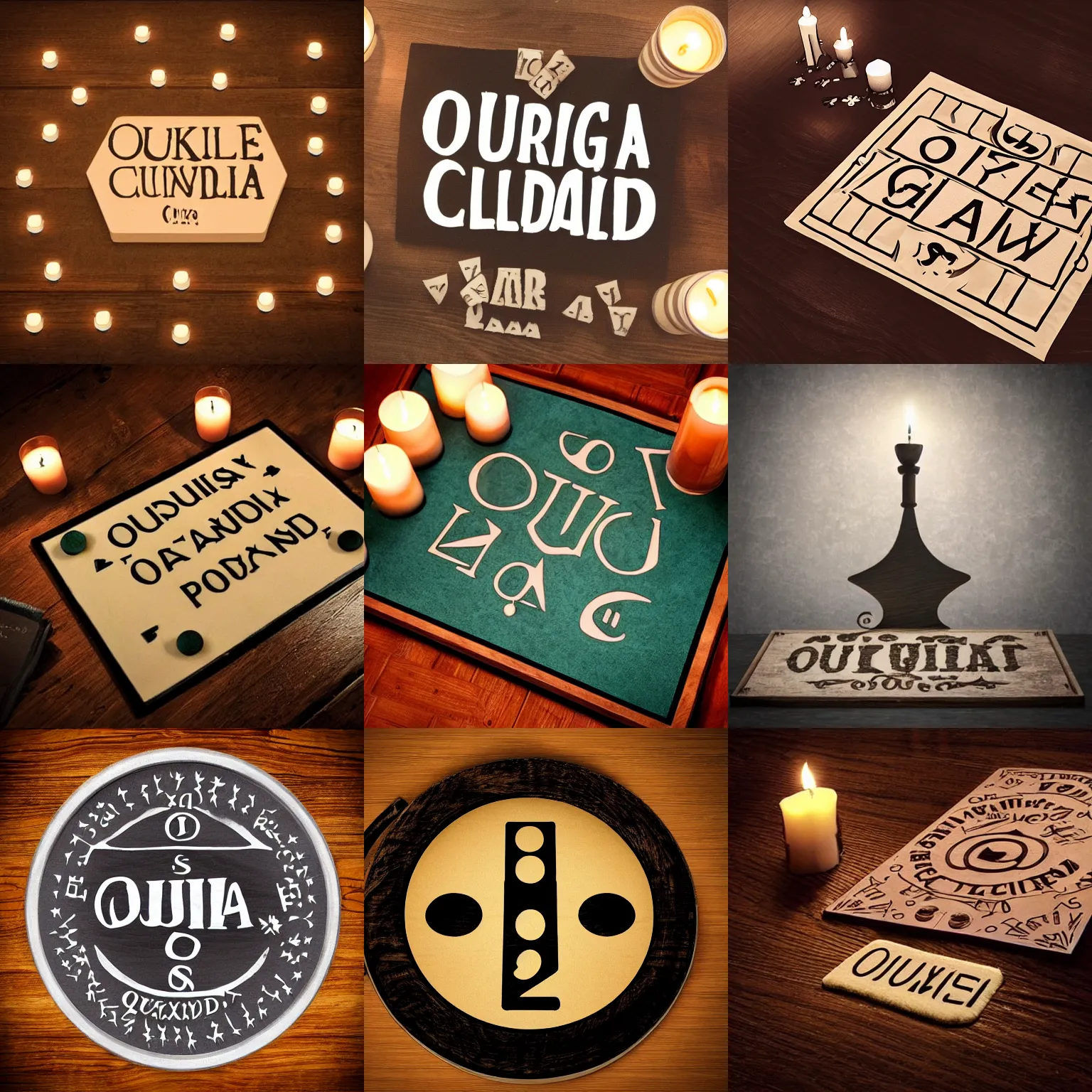 Prompt: Ouija board in a candlelit room, realistic