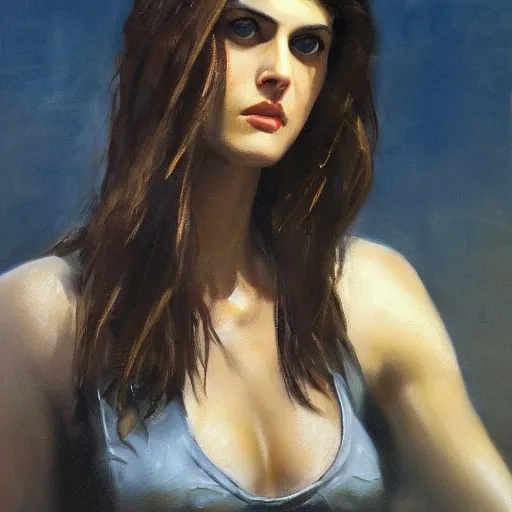 Image similar to ultra realistic portrait painting of alexandra daddario, art by frank frazetta, 4 k, ultra realistic, highly detailed, epic lighting