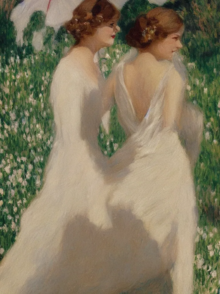 Image similar to portrait of < zelda fitzgerald > as a beautiful young lady wearing 1 9 2 0 s fashion, blurry face, brown hair, slim, fair, severe out of focus, depth of field, pleinairism, in the sun, backlit, closeup, oil on canvas, atr by monet, in the style of le promenade, smooth, impressionnisme, 8 k