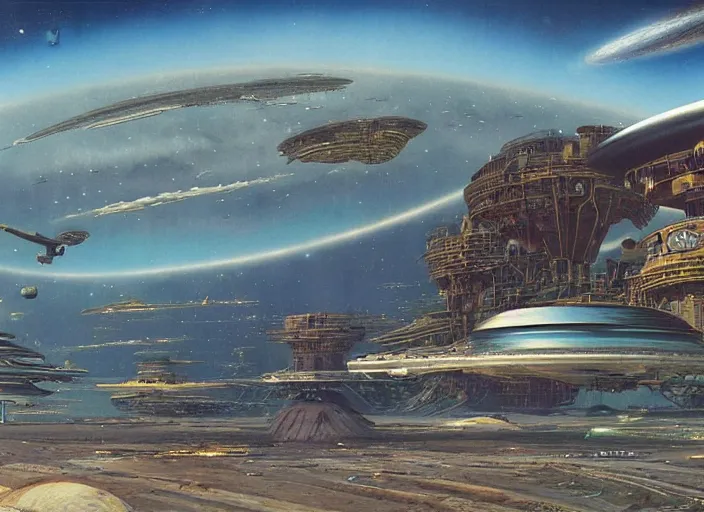 Prompt: a spaceport in a scenic landscape by bruce pennington