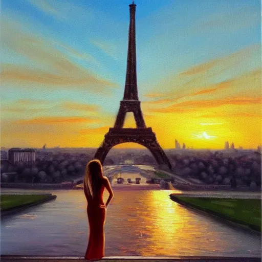 Image similar to a beautiful oil painting of a woman at the eiffel tower looking at a sunset, beautiful, romantic, detailed