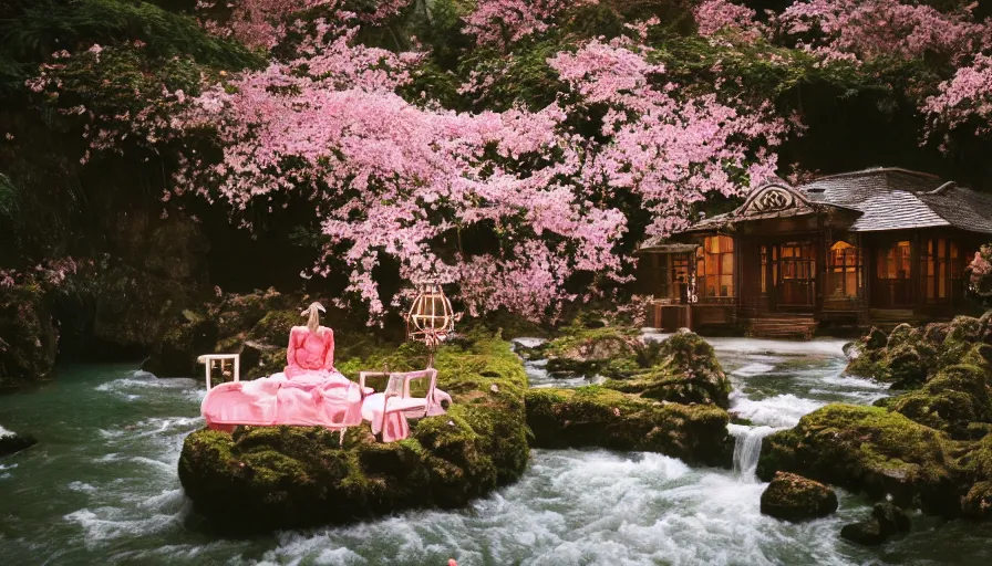 Prompt: a Sophia Coppola 35mm film still of a very surreal magical European castle style cabin with a bookstore cafe behind a lush waterfall, falling cherry blossoms pedals, in the style of Gucci and Wes Anderson glowing lights and floating lanterns, foggy atmosphere, rainy, moody, muted colors, magic details, very detailed, 8k, cinematic look