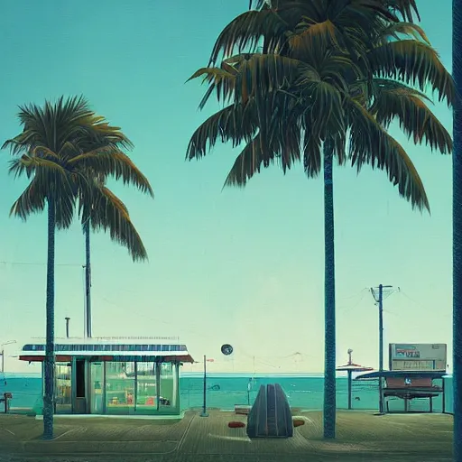 Prompt: inside seaside diner with palm trees by simon stalenhag