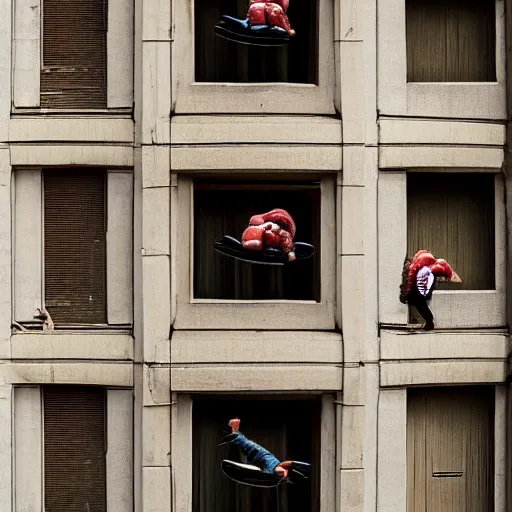 Prompt: some dwarfs are making some backward somersault from a balcony, photography