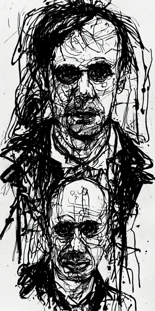 Image similar to a loose wild messy ink sketch portrait of a self portrait in the style of ralph steadman, caricature, dramatic