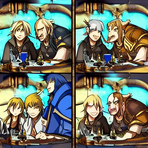 Image similar to anime style warcraft 3 characters drinking beer in postapocalyptic bar, arthas, nerzul, archimond, ktun, nzoth