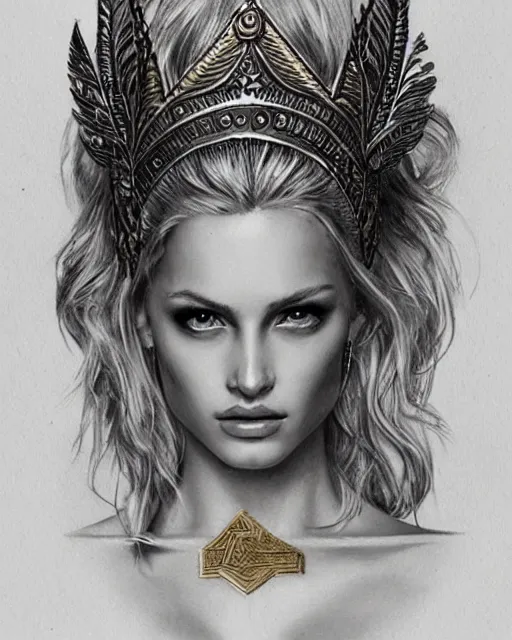 Image similar to tattoo sketch of hot blonde super model as aphrodite greek goddess wearing a gold laurel wreath and triangle earrings, beautiful piercing gaze with sharp pupils, in the style of greg rutkowski, fantasy, amazing detail, epic, elegant, smooth, sharp focus, front view