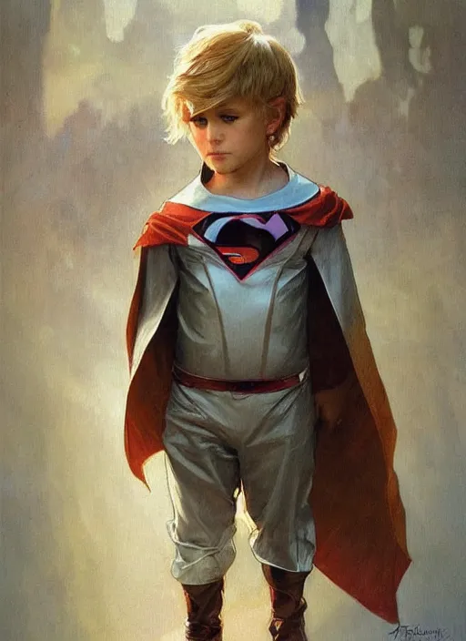 Image similar to a little boy with a mischievous face and short straight blonde hair. he is dressed as a superhero. clean elegant painting, beautiful detailed face. by artgerm and greg rutkowski and alphonse mucha