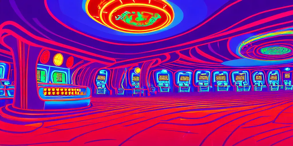 Prompt: curled perspective digital art of curly colorful indoor casino with a stage by anton fadeev from nightmare before christmas