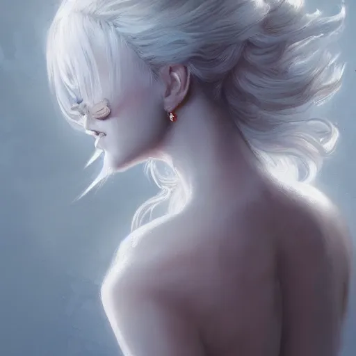 Image similar to goddess, white hair, long hair, gorgeous, amazing, back portrait, feminine, elegant, intricate, highly detailed, digital painting, artstation, concept art, sharp focus, illustration, art by WLOP and greg rutkowski