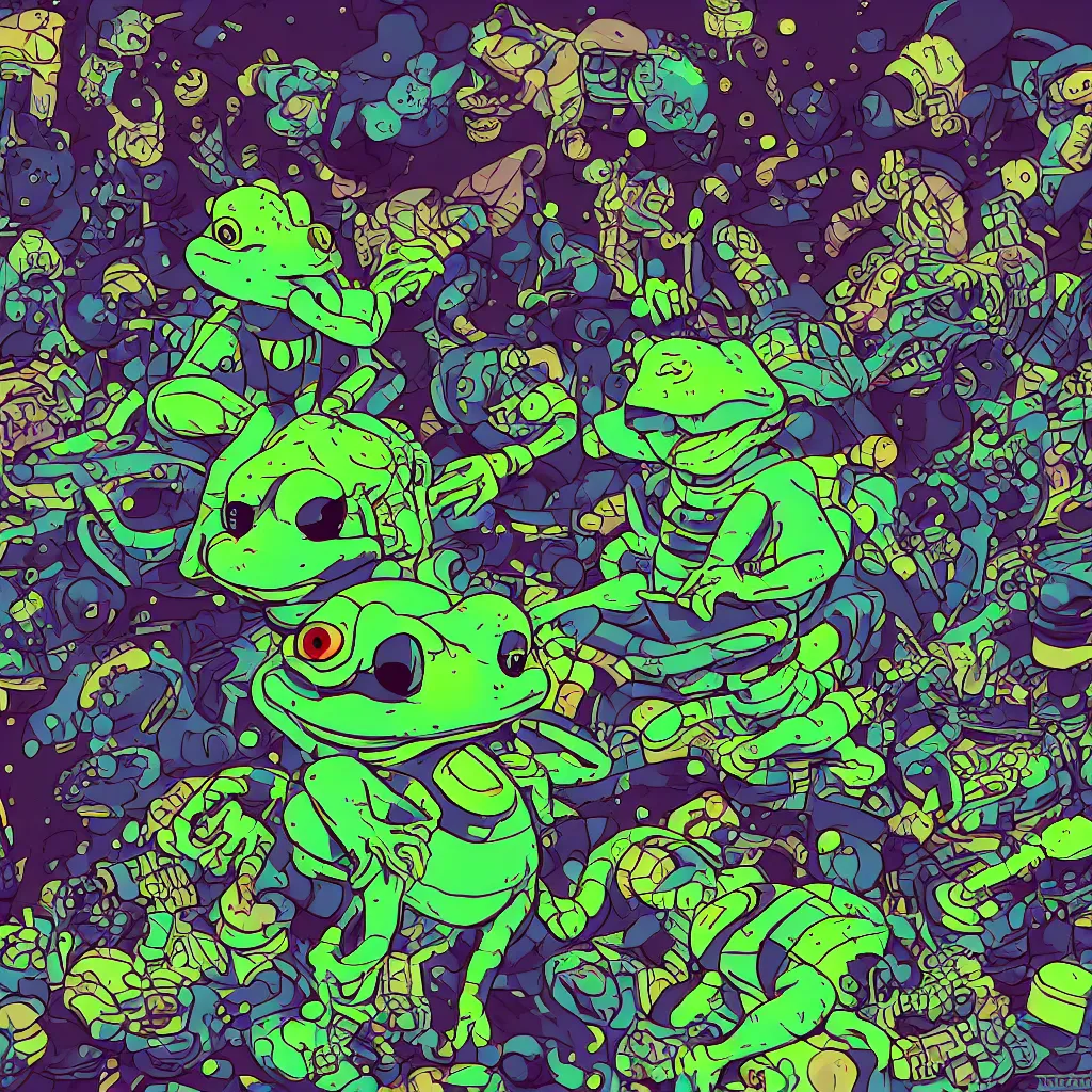 Image similar to toads, deconstructed amphibian, ryuta ueda artwork, breakcore, style of jet set radio, y 2 k, gloom, space, cel - shaded art style, indigo rainbow, data, minimal, code, cybernetic, dark, eerie, cyber