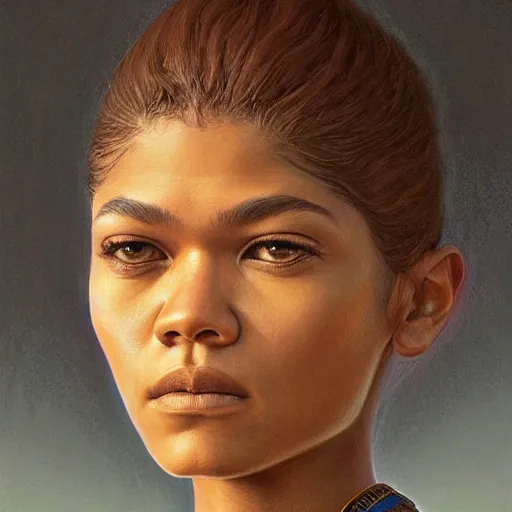 Image similar to zendaya as played in dune, closeup portrait art by donato giancola and greg rutkowski, realistic face, digital art, trending on artstation, symmetry!!