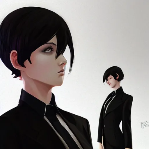 Image similar to girl in tuxedo with black chaotic wavy short haircut, elegant, 2d, ultra highly detailed, digital painting, smooth, sharp focus, artstation, art by Ilya Kuvshinov and Range Murata