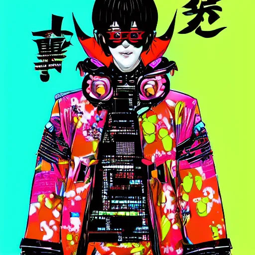 Prompt: a detailed portrait of a fashionable japanese demon wearing a cyberpunk bosozoku outfit the style of william blake and norman rockwell, kubrick, vibrant neon colorscheme, crisp, artstationhd