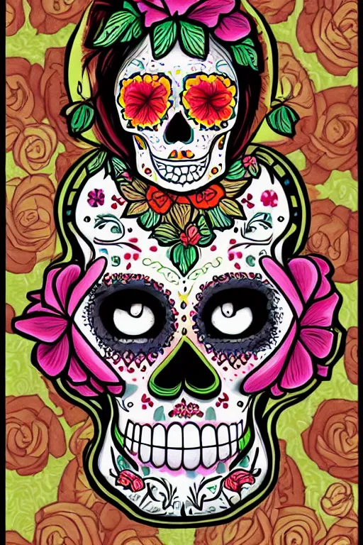 Prompt: Illustration of a sugar skull day of the dead girl, art by Tim Shumate