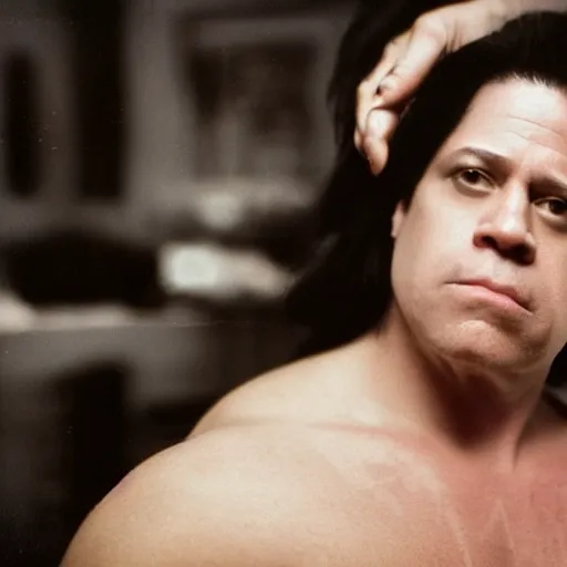 Image similar to glenn danzig sitting in front of a vanity curling his hair, high resolution,