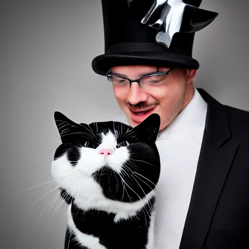 Image similar to man with the head of a tuxedo cat, wearing a party hat