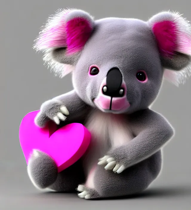 Image similar to high quality 3 d render hyperrealistic very cute small pink koala holding red heart,, plush mascot, short spiky dense fluffy smooth hair, photo from the side, pink fluffy fur, 1 5 0 mm, beautiful natural soft light, rim light, smooth background, artstation, ultra detailed, elegant, ultra detailed, metallic armor, octane render