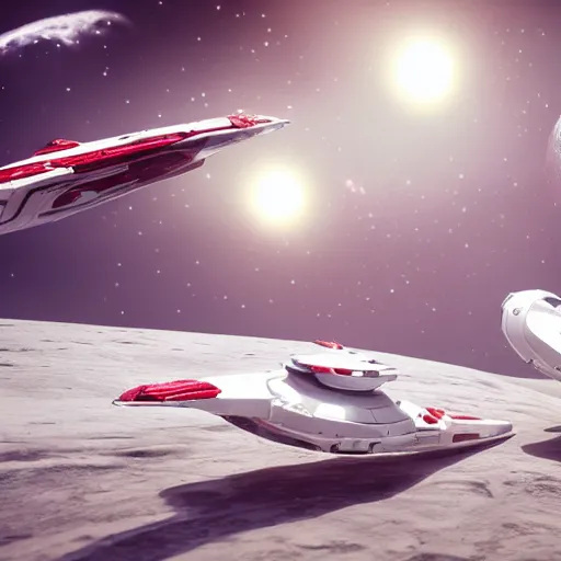 Prompt: two sleek white long intricate spacecraft with red details, no wings, highly detailed, photorealistic, cinematic, sci-fi, octane render, background of stars and galaxies