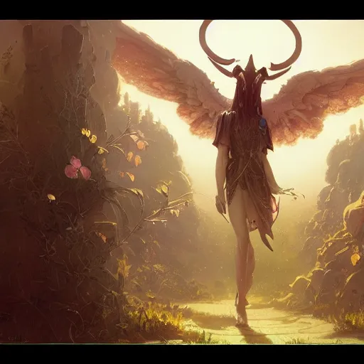 Image similar to Highly detailed portrait of Baphomet, unreal engine, fantasy art by Greg Rutkowski, Loish, Rhads, ferdinand knab, Makoto Shinkai and Lois van baarle, ilya kuvshinov, rossdraws, Tom Bagshaw, alphonse mucha, global illumination, radiant light, detailed and intricate environment