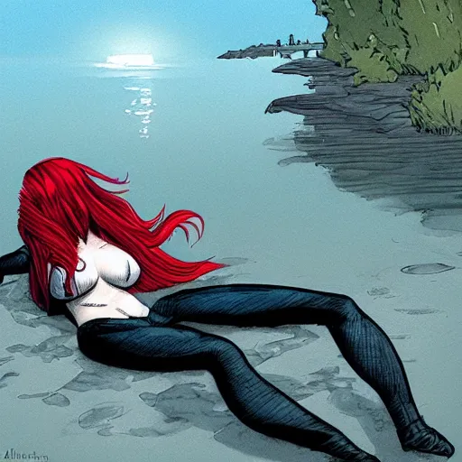 Prompt: a beautiful comic book illustration of a vampire woman with long red hair laying near a lake at night by Alex Maleev, featured on artstation