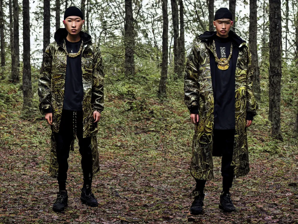 Image similar to versace avant garde male super oversized jacket arctic camouflage necklace textiles streetwear cyberpunk buff fit japanese asian man shaved head in the woods overcast late evening dramatic professional color 8 k hdr