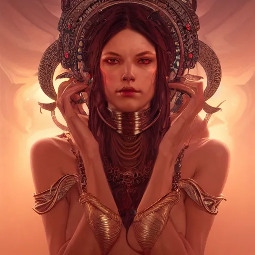 Image similar to perfectly-centered-Portrait of a sinister Goddess, intricate, highly detailed, digital painting, artstation, concept art, smooth, sharp focus, illustration, Unreal Engine 5, 8K, art by artgerm and greg rutkowski and alphonse mucha