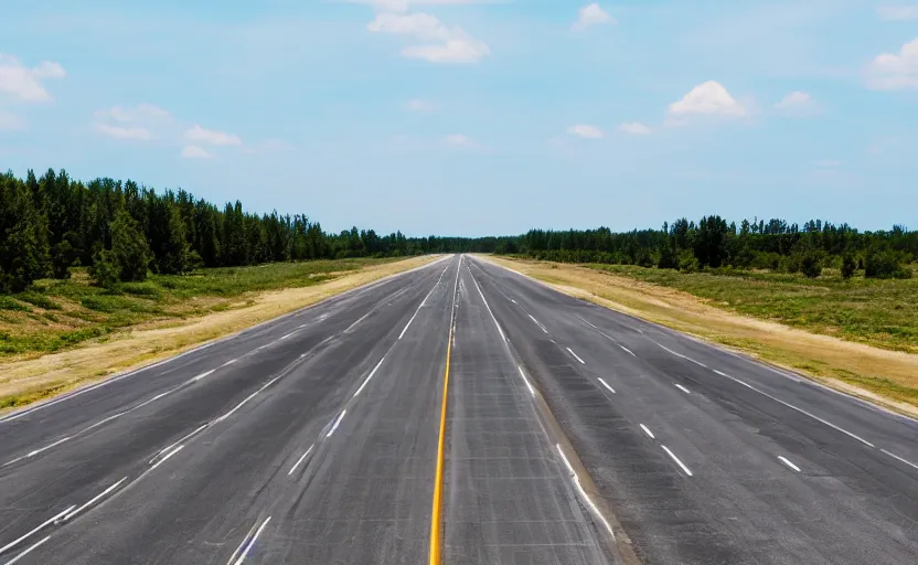 Prompt: An illegal drag race down a long straight highway, deserted, long stretch, open road