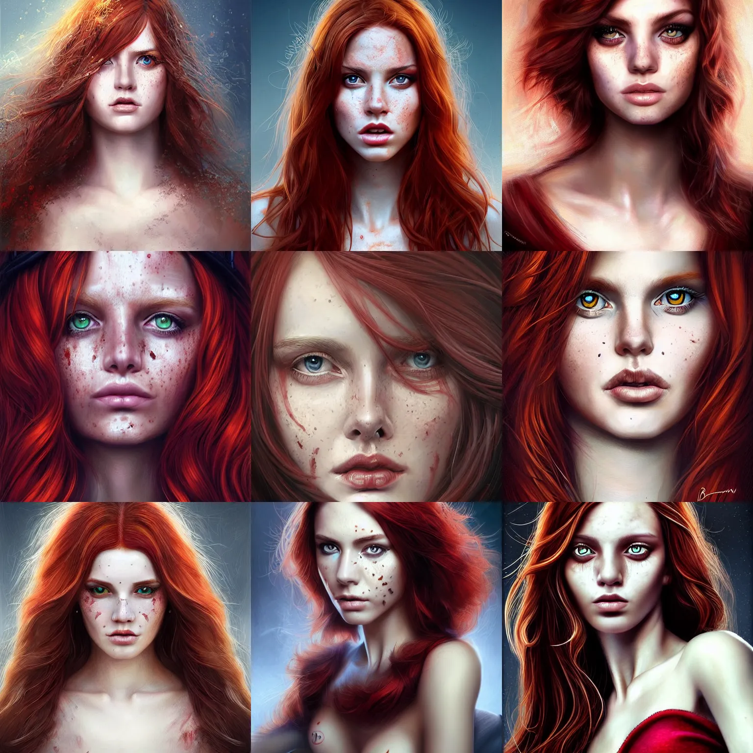 Prompt: portrait young beautiful!!! symmetric woman, hypnotic eyes, red hair, freckles, ( ( ( ( owl ) ) ) ) digital painting, lots of details, extremely detailed, 4 k, intricate, brush strokes, mark arian, artgerm, bastien lecouffe - deharme
