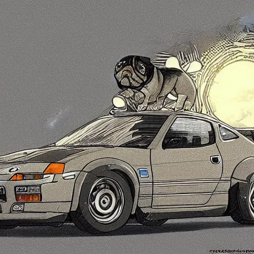 Image similar to pug dog driving a Nissan 300zx, Hayao Miyazaki, intricate detail, illustration, beautiful lighting,