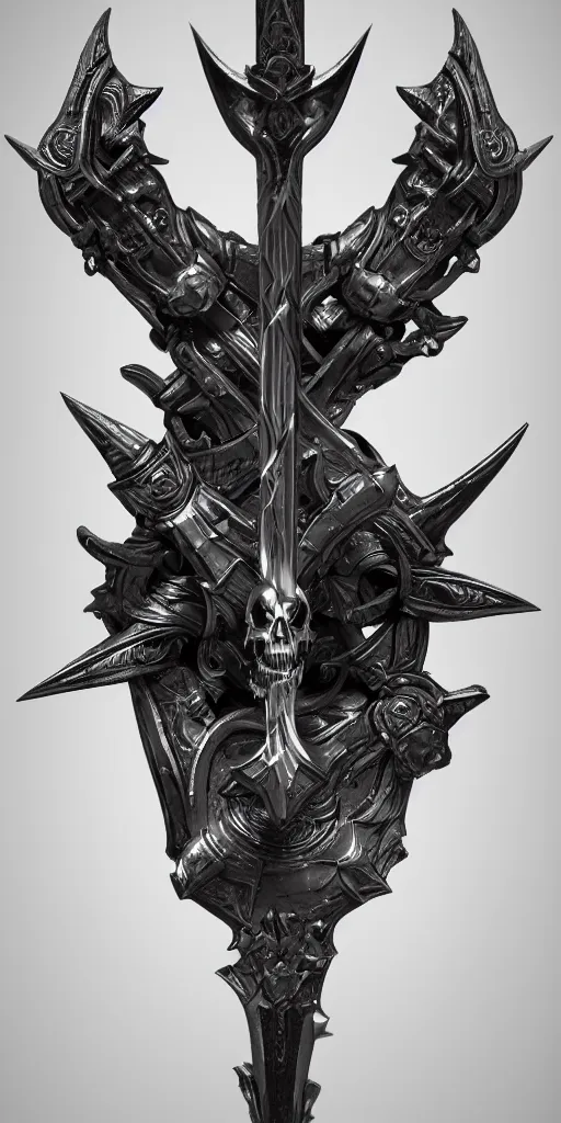 Image similar to a black and silver sword skull crest, ornament, weapon, a 3 d render by dom qwek, front side, concept art, trending on polycount, artstation, hard surface modeling, rendered in maya, zbrush, hd, vray, blizzard, symmetry