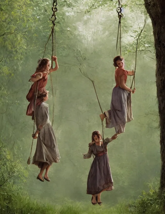 Prompt: two peasant girls standing on hanging swings in the forest, motion photo, Cottage core, Cinematic focus, Polaroid photo, vintage, neutral colors, soft lights, foggy, by Steve Hanks, by Serov Valentin, by lisa yuskavage, by Andrei Tarkovsky, by Terrence Malick, by Krenz Cushart, 8k render, detailed, oil on canvas