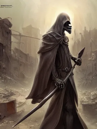 Prompt: the grim reaper holding a scythe, trought a destroyed city with people scared. intricate, elegant, highly detailed, digital painting, artstation, concept art, sharp focus, illustration, by justin gerard and artgerm, 8 k