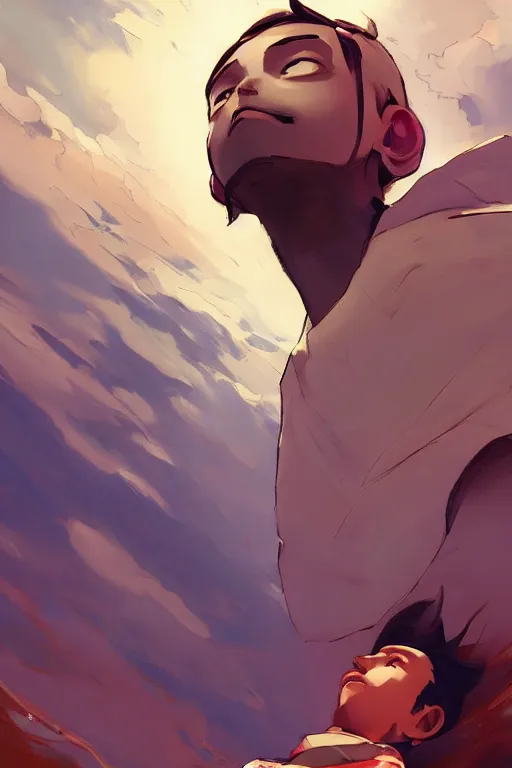 Image similar to a boy looking up into the sky seeing an anxious reflection of himself behance hd artstation by jesper ejsing, by rhads, makoto shinkai and lois van baarle, ilya kuvshinov, ossdraws, that looks like it is from borderlands and by feng zhu and loish and laurie greasley, victo ngai, andreas rocha