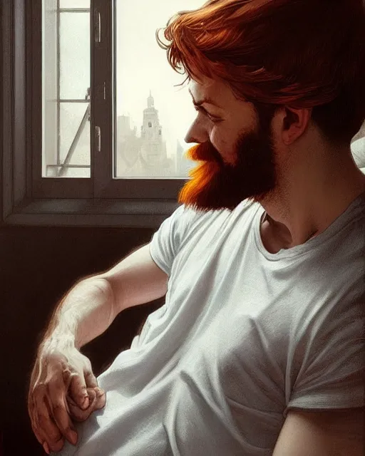 Image similar to low angle of attractive red - headed bearded man wearing a white t - shirt looking out the window expectantly, a smile on his lips, highly detailed, digital painting, artstation, concept art, smooth, sharp focus, illustration, art by artgerm, greg rutkowski, alphonse mucha, j. c. leyendecker