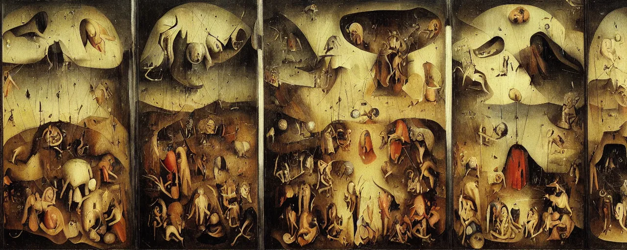 Image similar to Purgatory Triptych by Hieronymus Bosch, surreal oil painting, highly detailed, dream like, masterpiece