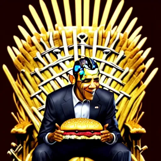 Prompt: barrack obama eating a cheese burger sitting on the iron throne, highly detailed, perfect lighting, perfect composition, 8 k, artgerm, derek zabrocki, greg rutkowski