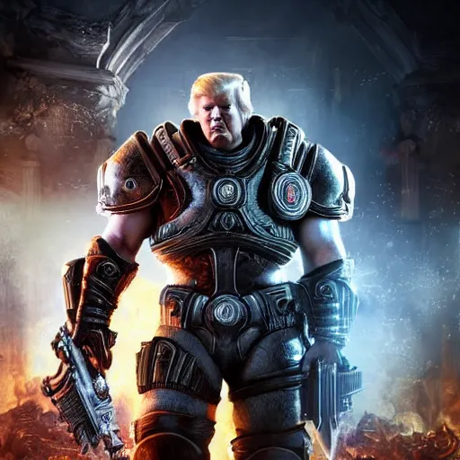 Image similar to Photo portrait of Donald Trump as Crusader!! in Gears of War, splash art, movie still, detailed face, photorealistic facial features, cinematic lighting, dramatic, octane render, long lens, shallow depth of field, bokeh, anamorphic lens flare, 8k, hyper detailed, 35mm film grain