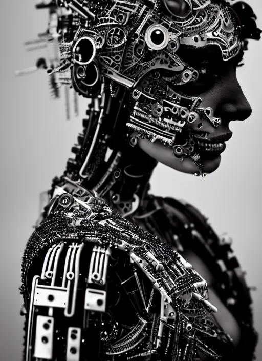 Image similar to a stunning young woman - crow mixed cyborg profile face, face is made intricate tribal bio - mechanical, editorial photography, bw, shot on 7 0 mm, depth of field, f / 2. 8, high contrast, 1 6 k, volumetric lighting, shiny, insanely detailed and intricate, hypermaximalist, elegant, ornate, hyper realistic, super detailed