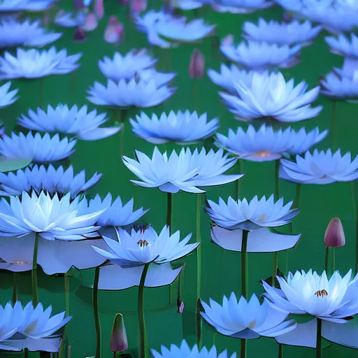 Image similar to field of light blue lotus flowers, minimalistic art, elegant